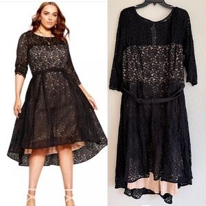 City Chic Plus Size Lace Lover Black High Low Dress Midi Belt